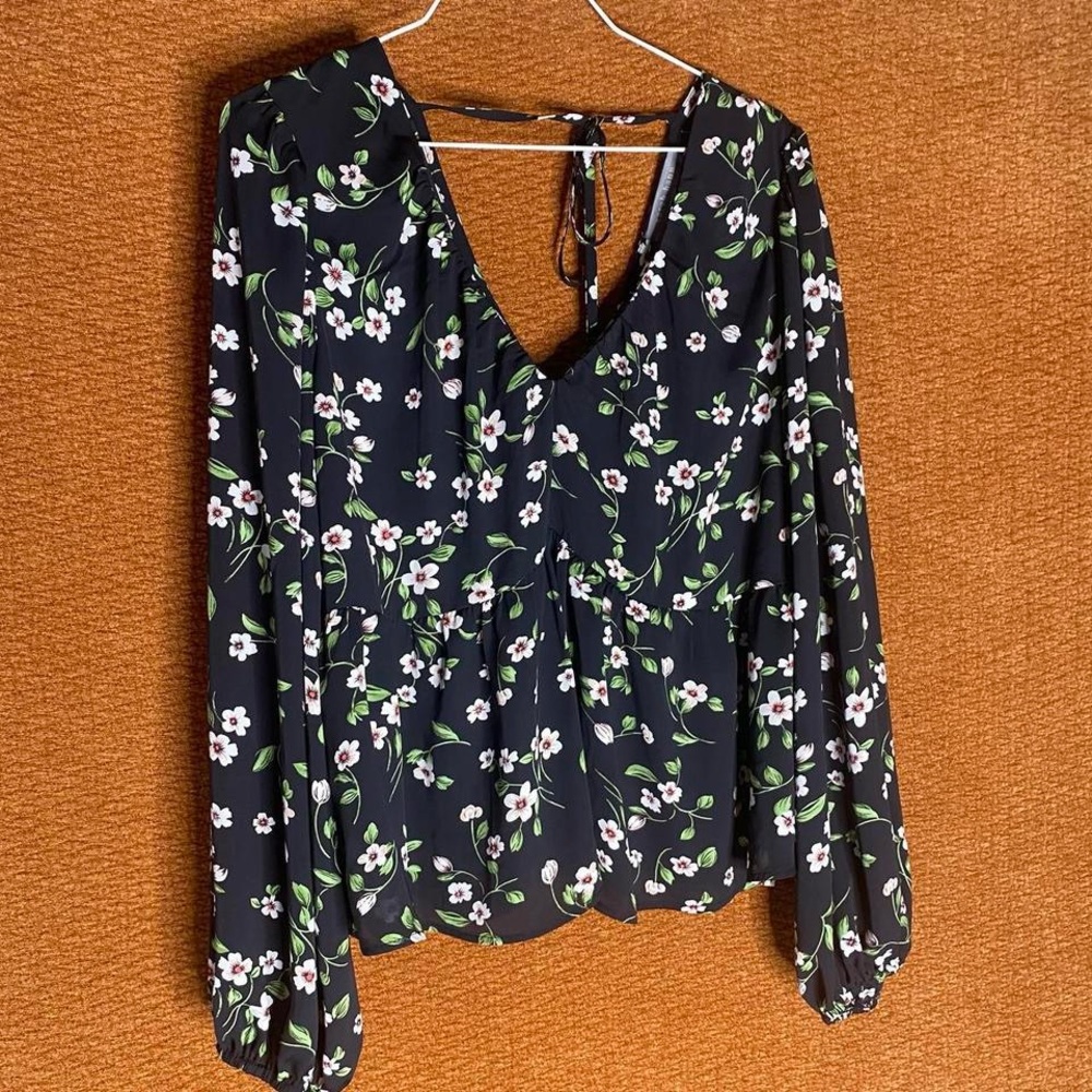NWT Sarah Hann Floral Dressy V-Neck Peasant Cottagecore Indie Blouse, Size L.